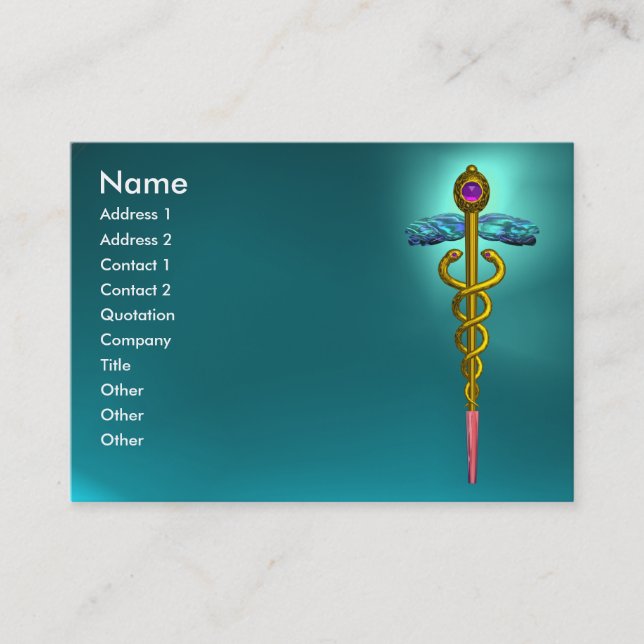GOLD CADUCEUS,MEDICAL SYMBOL,TEAL BLUE AQUAMARINE BUSINESS CARD (Front)