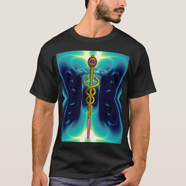 GOLD CADUCEUS MEDICAL SYMBOL, Teal Turquoise Blue T-Shirt (Front)
