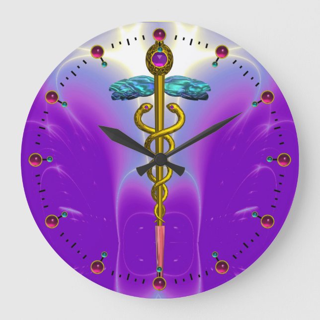 GOLD CADUCEUS Medical Symbol  Ultra Violet Purple Large Clock (Front)