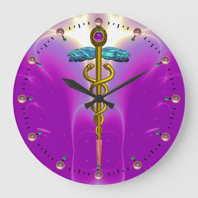 GOLD CADUCEUS Medical Symbol Vibrant Pink Fuchsia Large Clock (Front)