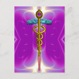 GOLD CADUCEUS MEDICAL SYMBOL VIOLET PINK FRACTALS POSTCARD