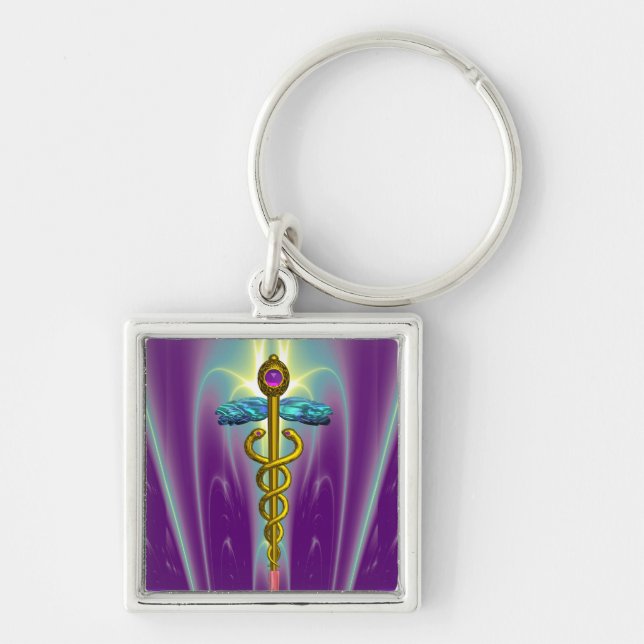 GOLD CADUCEUS MEDICAL SYMBOL Violet Purple Green Key Ring (Front)