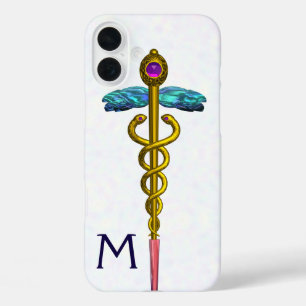 GOLD CADUCEUS MEDICAL SYMBOL White Monogram iPhone 16 Plus Case