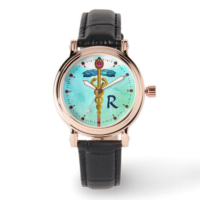 GOLD CADUCEUS MONOGRAM ,Aqua Blue,Teal Green Watch (Front)