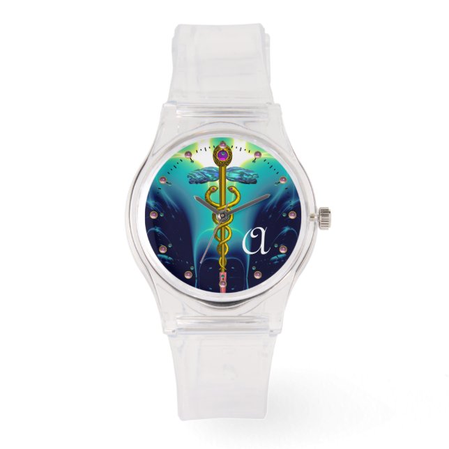 GOLD CADUCEUS MONOGRAM ,Aqua Blue,Teal Watch (Front)