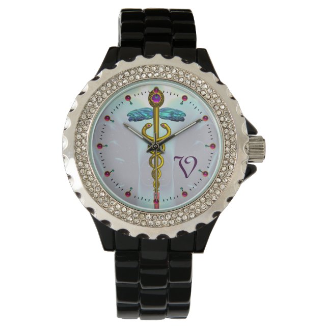 GOLD CADUCEUS MONOGRAM ,Aqua Blue Watch (Front)