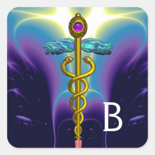 GOLD CADUCEUS MONOGRAM , Purple Blue Square Sticker