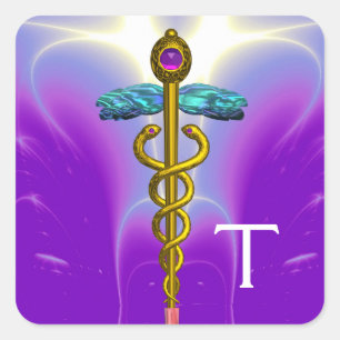 GOLD CADUCEUS MONOGRAM ,Purple Blue Square Sticker