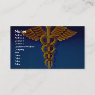 Gold caduceus over blue medical background business card