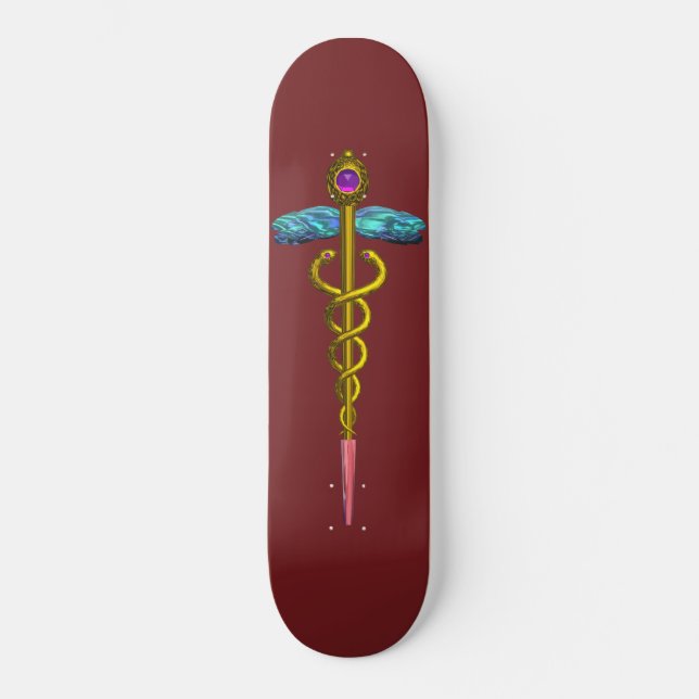 GOLD CADUCEUS, Red Skateboard (Front)