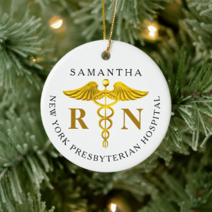 Gold Caduceus Registered Nurse Photo Ceramic Tree Decoration