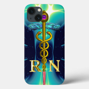GOLD CADUCEUS REGISTERED NURSE SYMBOL Aqua Blue iPhone 13 Case