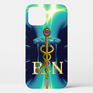 GOLD CADUCEUS REGISTERED NURSE SYMBOL Aqua Blue iPhone 12 Case