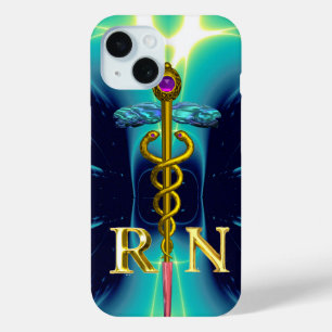 GOLD CADUCEUS REGISTERED NURSE SYMBOL Aqua Blue iPhone 15 Case
