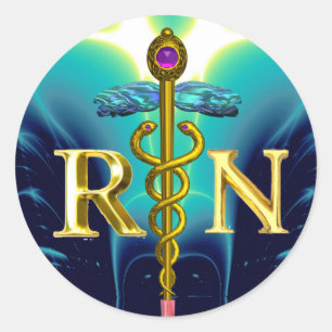 GOLD CADUCEUS REGISTERED NURSE SYMBOL Aqua Blue Classic Round Sticker
