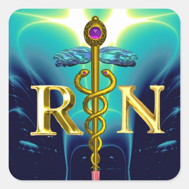 GOLD CADUCEUS REGISTERED NURSE SYMBOL Aqua Blue Square Sticker (Front)