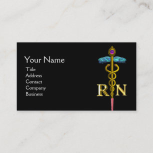 GOLD CADUCEUS REGISTERED NURSE SYMBOL ,Black Business Card
