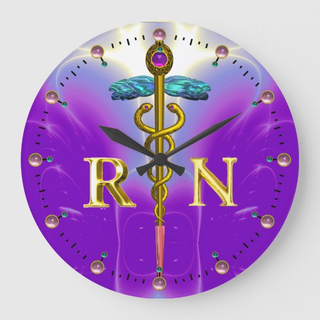 GOLD CADUCEUS REGISTERED NURSE SYMBOL,Blue Purple Large Clock (Front)