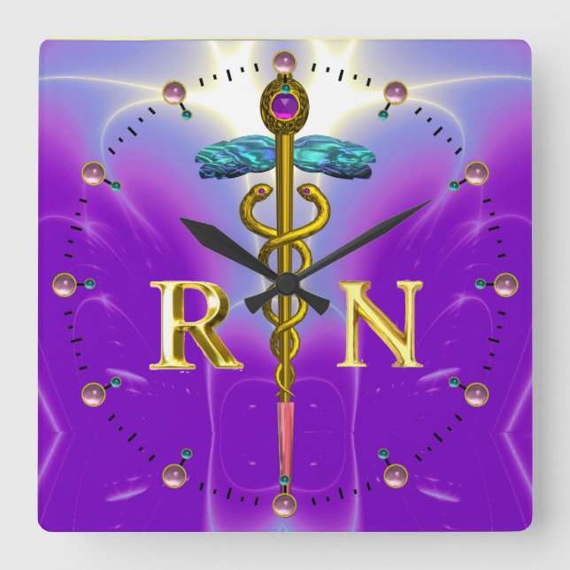 GOLD CADUCEUS REGISTERED NURSE SYMBOL,Blue Purple Square Wall Clock (Front)