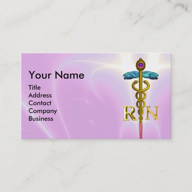 GOLD CADUCEUS REGISTERED NURSE SYMBOL pink Fuchsia Business Card (Front)