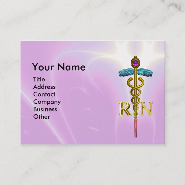 GOLD CADUCEUS REGISTERED NURSE SYMBOL Pink Fuchsia Business Card (Front)