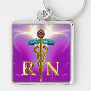 GOLD CADUCEUS REGISTERED NURSE SYMBOL Pink Fuchsia Key Ring