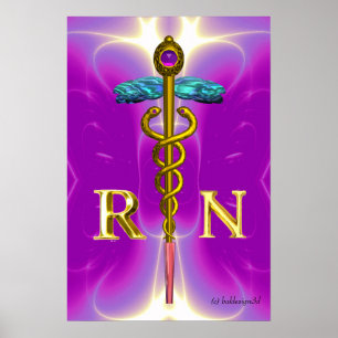 GOLD CADUCEUS REGISTERED NURSE SYMBOL,Pink Fuchsia Poster
