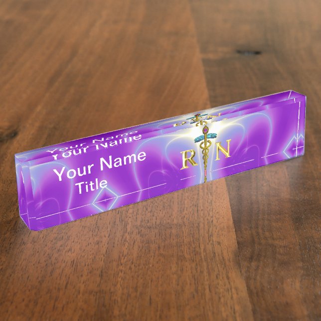 GOLD CADUCEUS REGISTERED NURSE SYMBOL Pink Purple Nameplate (Side)