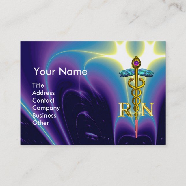 GOLD CADUCEUS REGISTERED NURSE SYMBOL Purple Blue Business Card (Front)