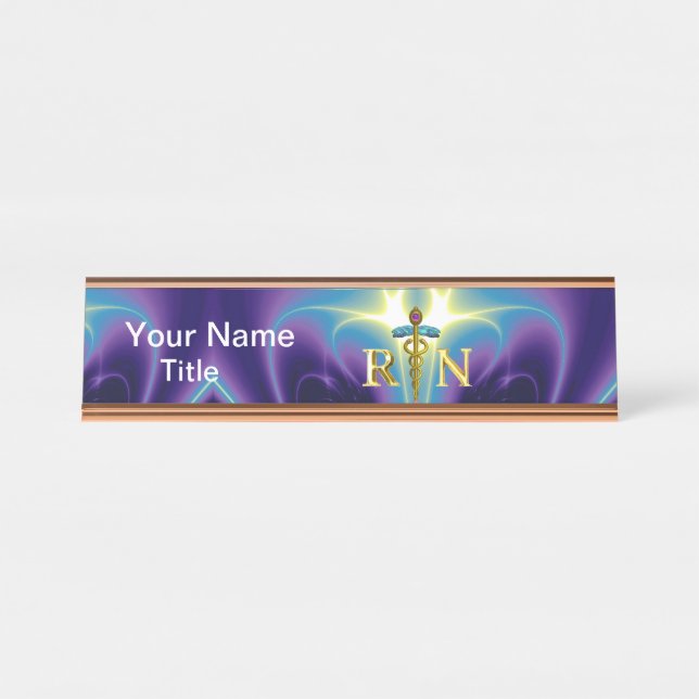 GOLD CADUCEUS REGISTERED NURSE SYMBOL /Purple Blue Desk Name Plate (Front)