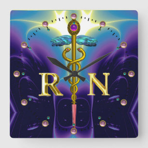 GOLD CADUCEUS REGISTERED NURSE SYMBOL Purple Blue Square Wall Clock