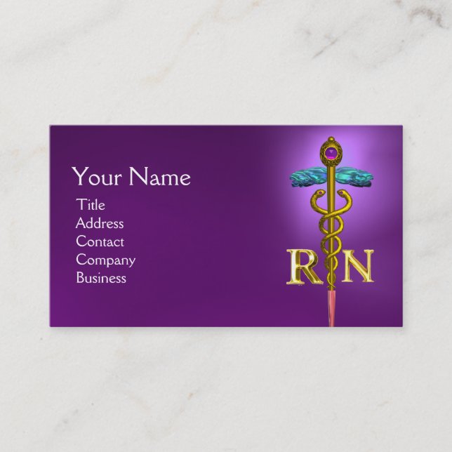 GOLD CADUCEUS REGISTERED NURSE SYMBOL Purple Business Card (Front)