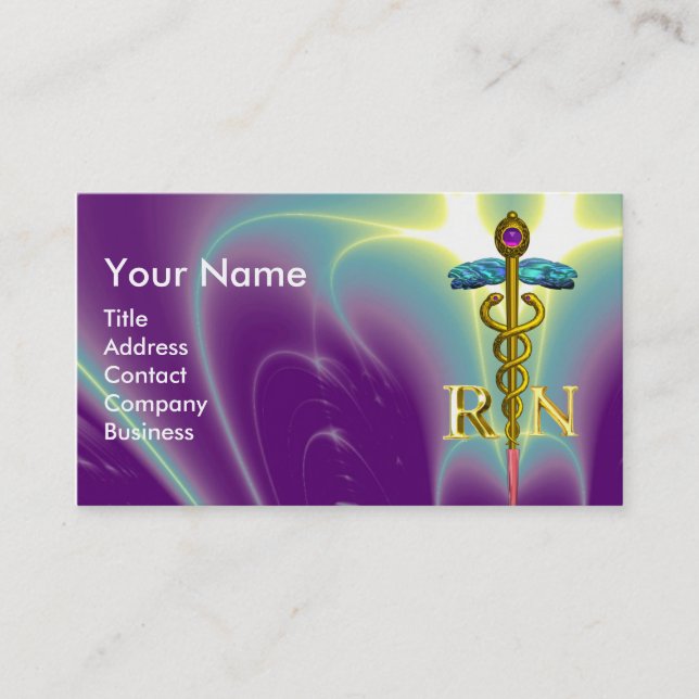 GOLD CADUCEUS REGISTERED NURSE SYMBOL Purple Green Business Card (Front)
