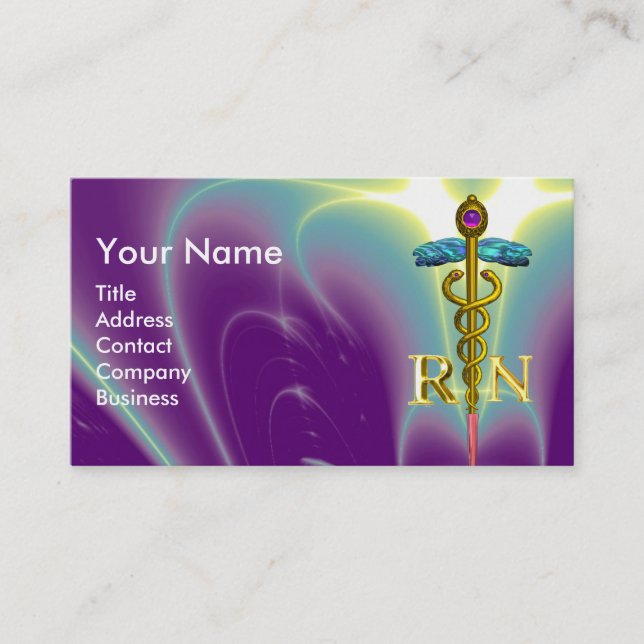 GOLD CADUCEUS REGISTERED NURSE SYMBOL Purple Green Business Card (Front)