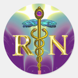 GOLD CADUCEUS REGISTERED NURSE SYMBOL Purple Green Classic Round Sticker