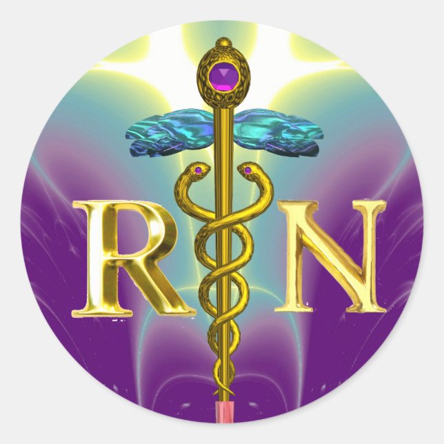 GOLD CADUCEUS REGISTERED NURSE SYMBOL Purple Green Classic Round Sticker (Front)