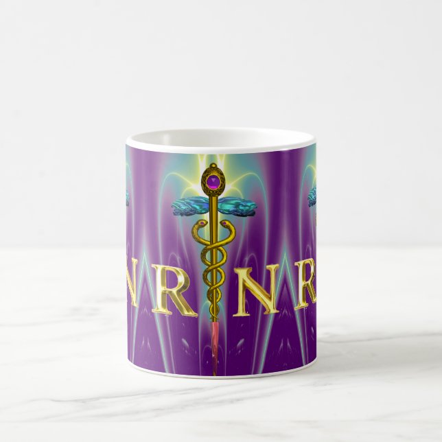 GOLD CADUCEUS REGISTERED NURSE SYMBOL Purple Green Coffee Mug (Center)