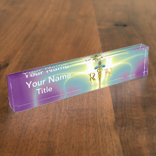 GOLD CADUCEUS REGISTERED NURSE SYMBOL Purple Green Nameplate