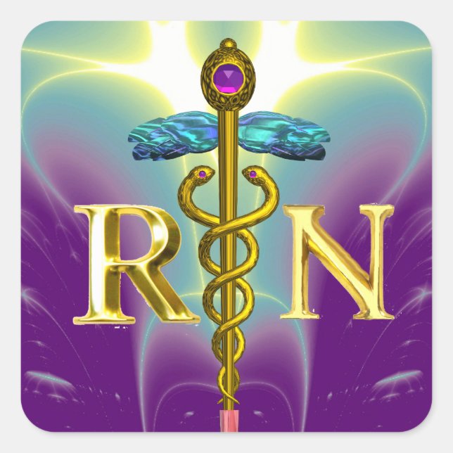 GOLD CADUCEUS REGISTERED NURSE SYMBOL Purple Green Square Sticker (Front)