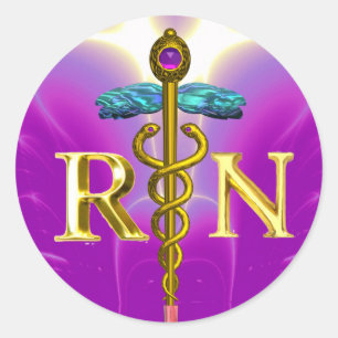 GOLD CADUCEUS REGISTERED NURSE SYMBOL Purple Pink Classic Round Sticker