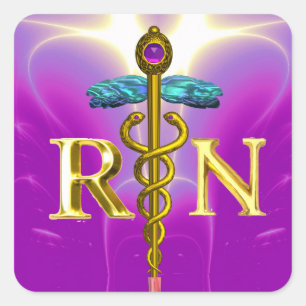 GOLD CADUCEUS REGISTERED NURSE SYMBOL Purple Pink Square Sticker