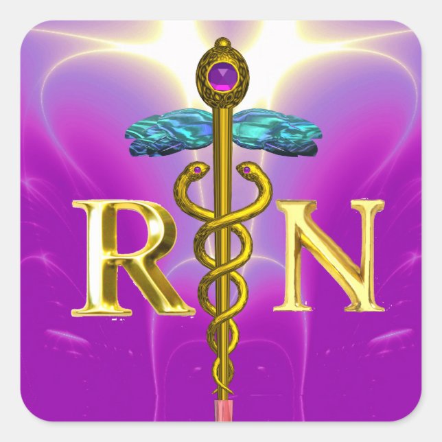 GOLD CADUCEUS REGISTERED NURSE SYMBOL Purple Pink Square Sticker (Front)