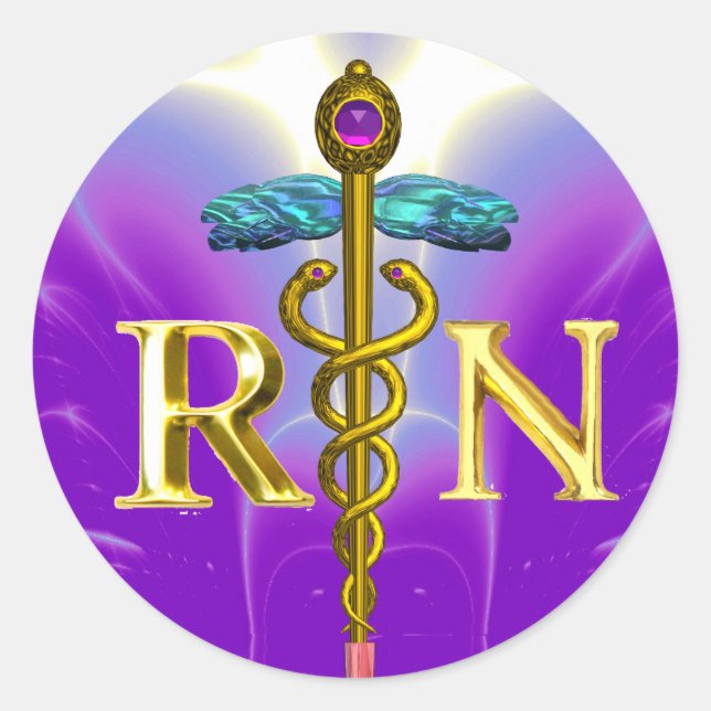 GOLD CADUCEUS REGISTERED NURSE SYMBOL Purple Teal Classic Round Sticker (Front)