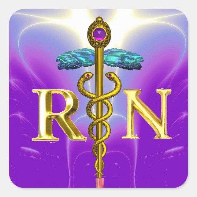 GOLD CADUCEUS REGISTERED NURSE SYMBOL Purple Teal Square Sticker (Front)
