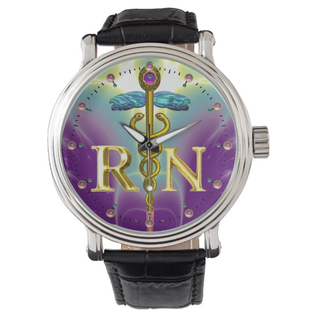 GOLD CADUCEUS REGISTERED NURSE SYMBOL Purple Teal Watch (Front)