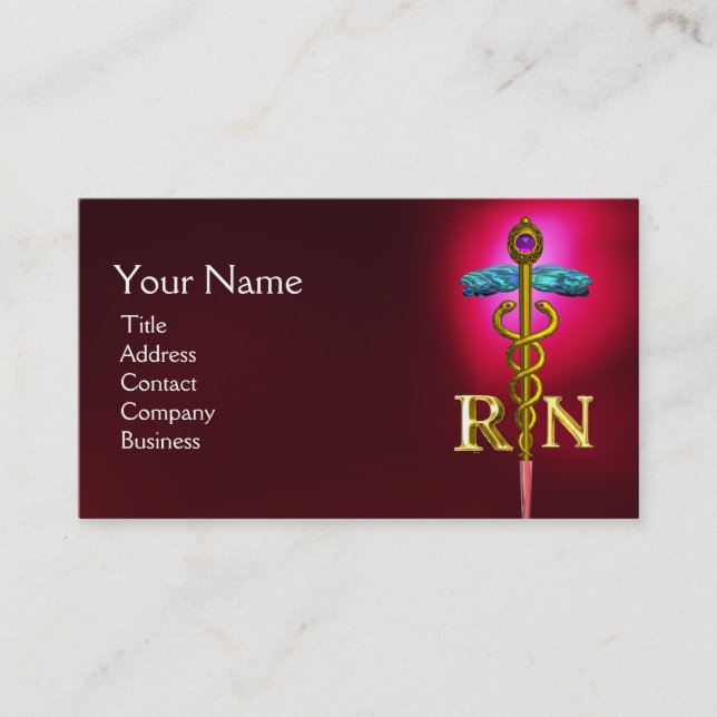 GOLD CADUCEUS REGISTERED NURSE SYMBOL Red Business Card (Front)