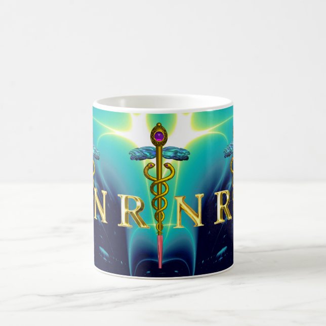 GOLD CADUCEUS REGISTERED NURSE SYMBOL Teal Blue Coffee Mug (Center)