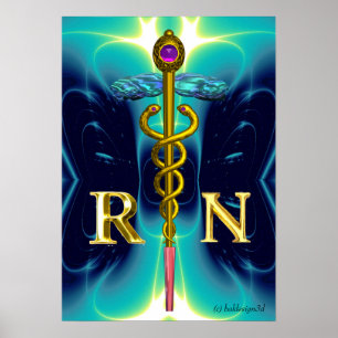 GOLD CADUCEUS REGISTERED NURSE SYMBOL Teal Blue Poster