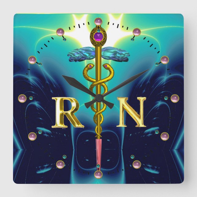 GOLD CADUCEUS REGISTERED NURSE SYMBOL,Teal Blue Square Wall Clock (Front)