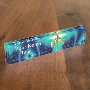 GOLD CADUCEUS REGISTERED NURSE SYMBOL Turquoise Nameplate